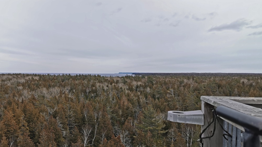 Views of the forests and waters beyond from the lookout tower in Bruce Peninsula National Park in the winter