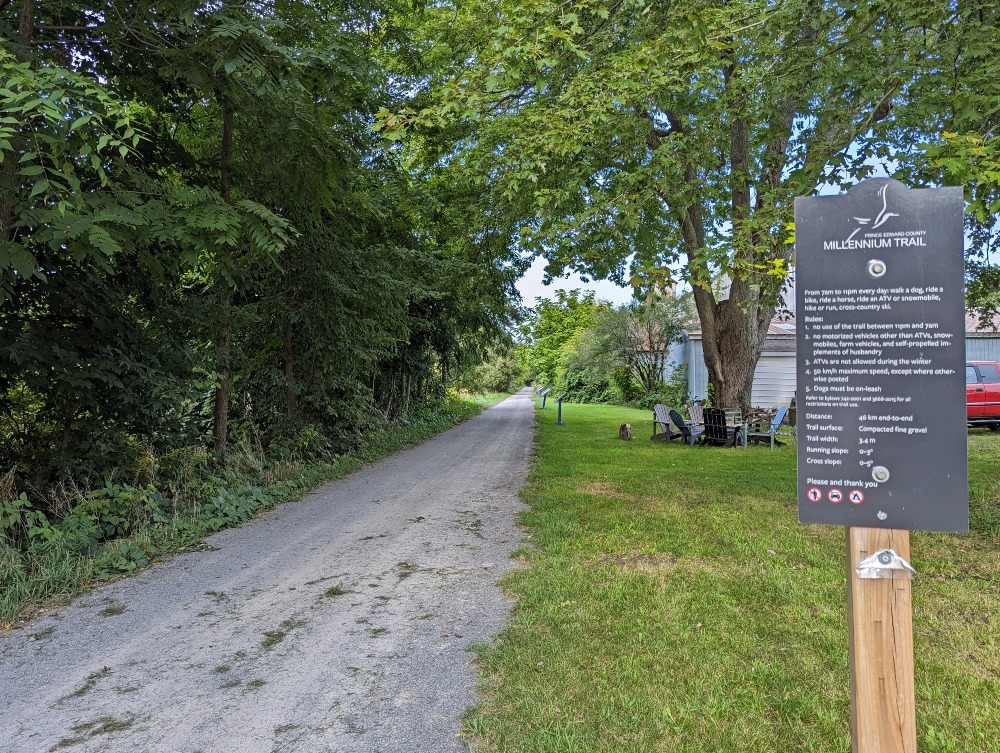 Gravel trail running past a forest to one side and open grass to the other. In the forefront is a sign informing people that this is the Millennium Trail.