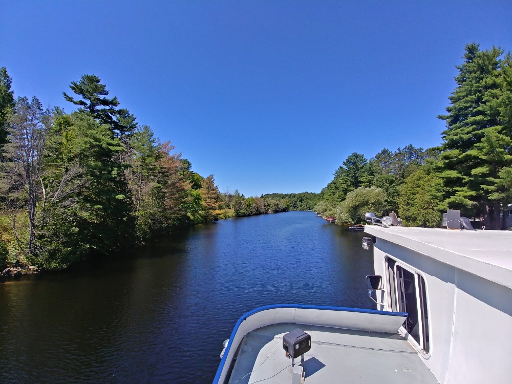 View of the Muskoka River from aboard a Lady Muskoka cruise with forests lining the river