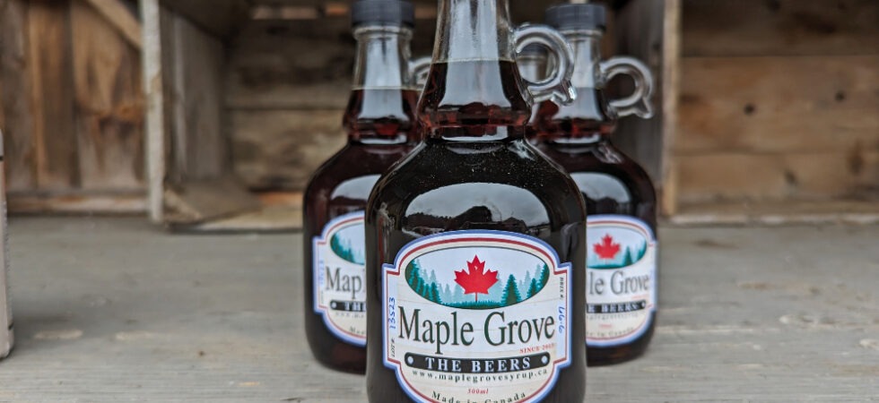 Bottles of Maple Grove maple syrup lined up on a shelf