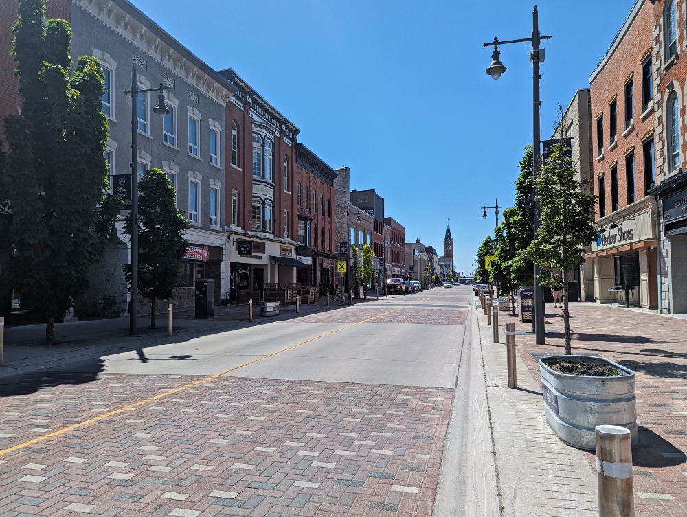Empty street of downtown Belleville with historic buildings lining the street.