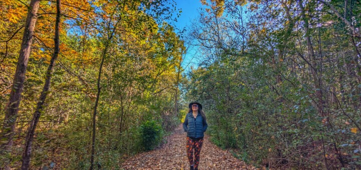 Me hiking through forest in LaFortune Park in the fall