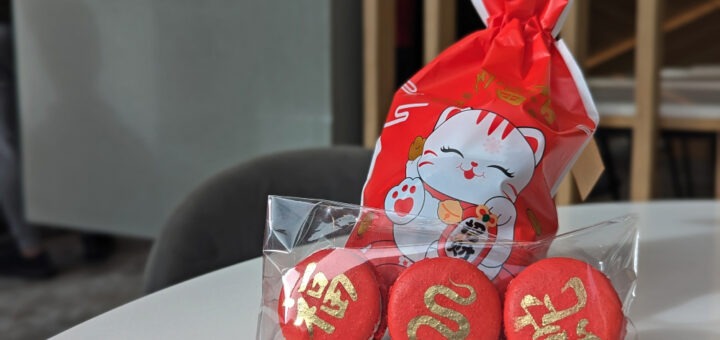 Red macarons and Lucky Kitty bag from Patisserie Fleur