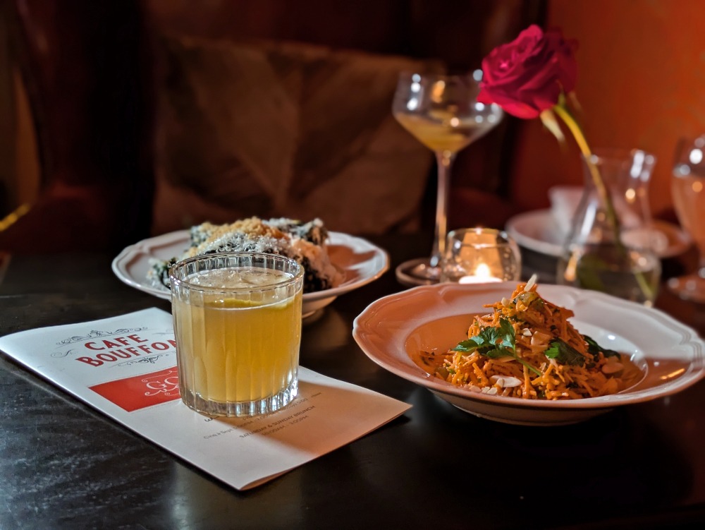 carrot salad and cocktail at Cafe Bouffon