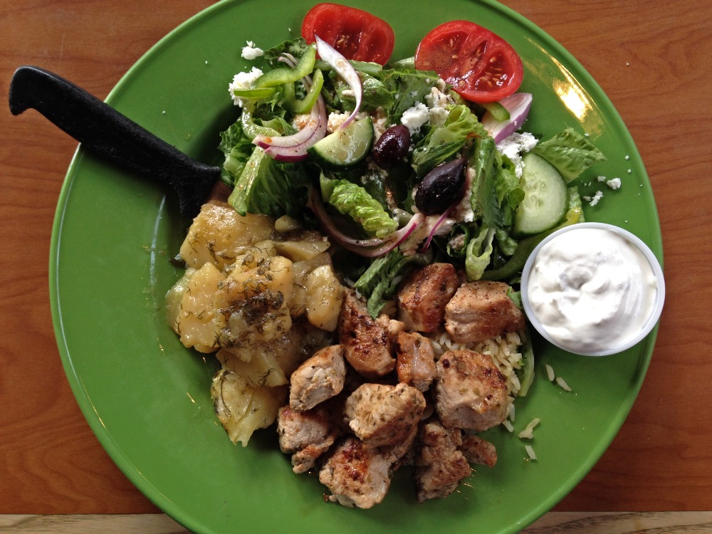 chicken souvlaki and Greek salad at Moroni's
