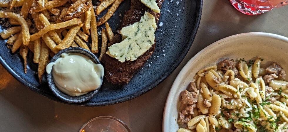 steak and pasta dinner at Riva Restaurant in Gananoque