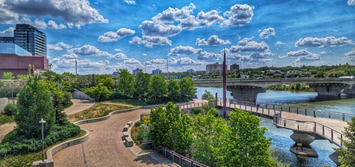 Paved trails along the South Saskatchewan River in downtown Saskatoon