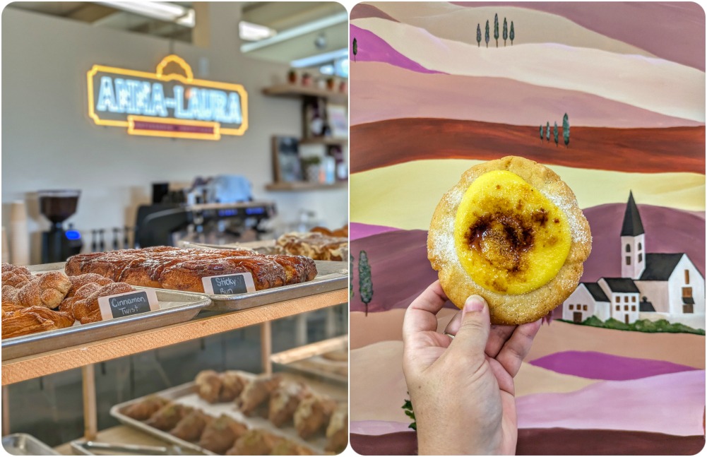 Two images of the Anna-Laura bakery in Sudbury. One of the front counter full of pastries and the other photo of a hand holding up a cookie