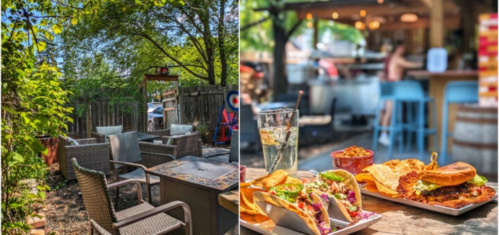 Two photos, one of a tree covered patio and the other of tacos and a burger at Josie's Secret Patio - a hidden gem in Sudbury