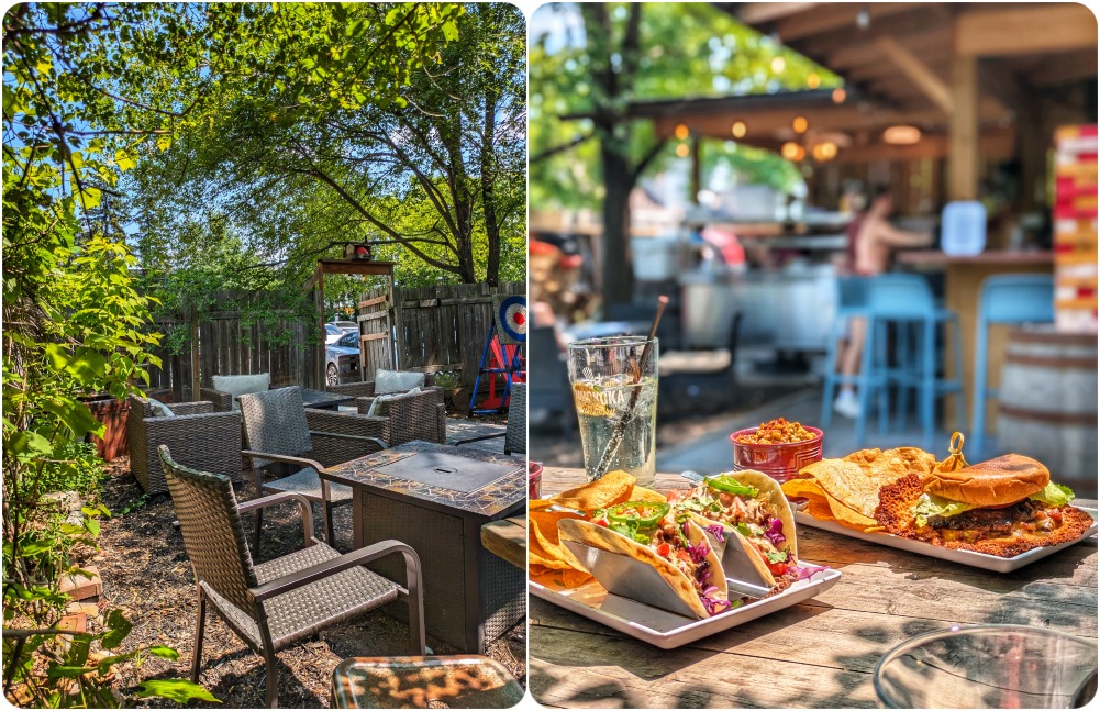 Two photos, one of a tree covered patio and the other of tacos and a burger at Josie's Secret Patio - a hidden gem in Sudbury