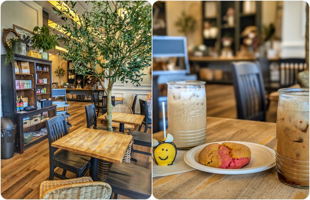 Dual image, one of a cute coffee shop with a fake tree in the middle and the other photo of a cookie, a cake pop in the shape of a bumble bee and two iced lattes