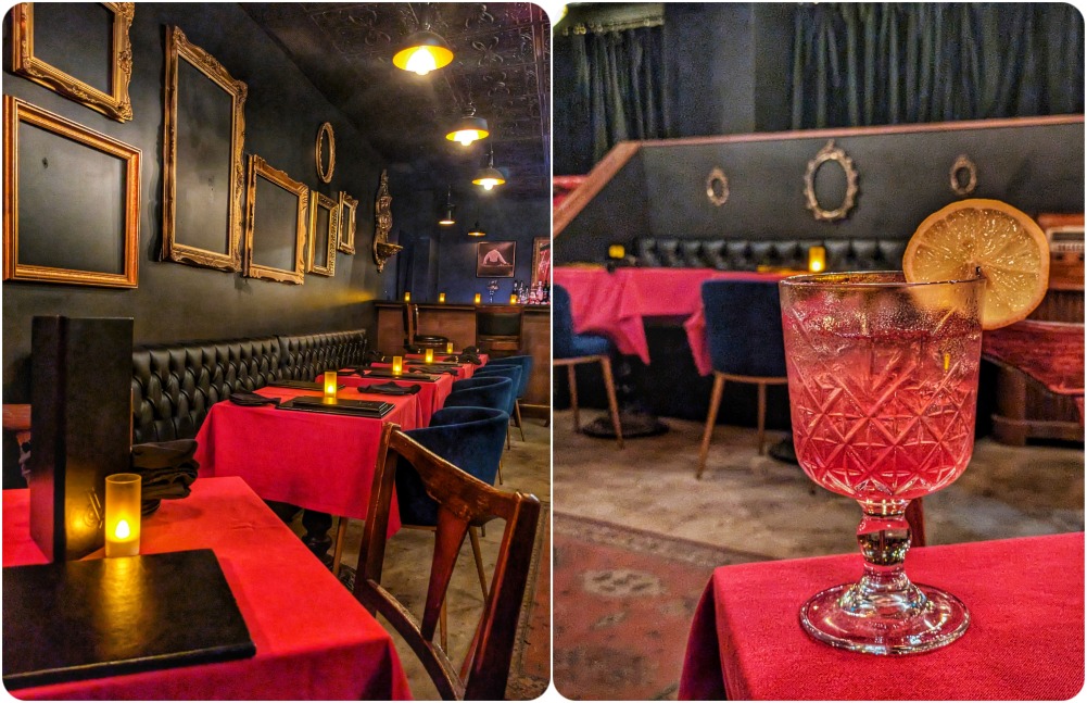 Two images, one of a speakeasy with tables with red table clothes, a black wall with empty frames, and the other with a cocktail siting on the edge of a table.
