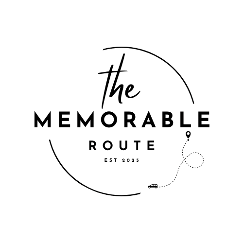 Logo for The Memorable Route - logo has the words The Memorable Route stacked within a circle with part of the circle representing a car and route.