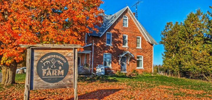 Thunderbird Farm farmhouse and sign in the fall