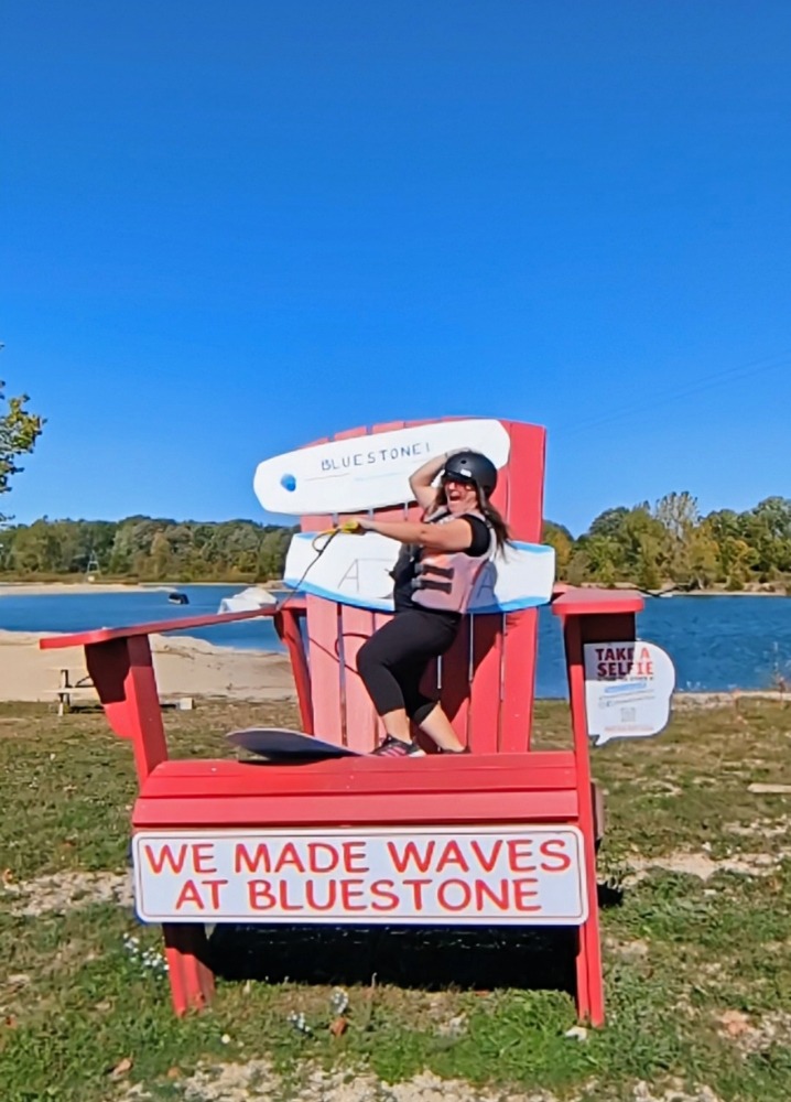Me pretending to wakeboard on a big red chair at Bluestone Wake Park