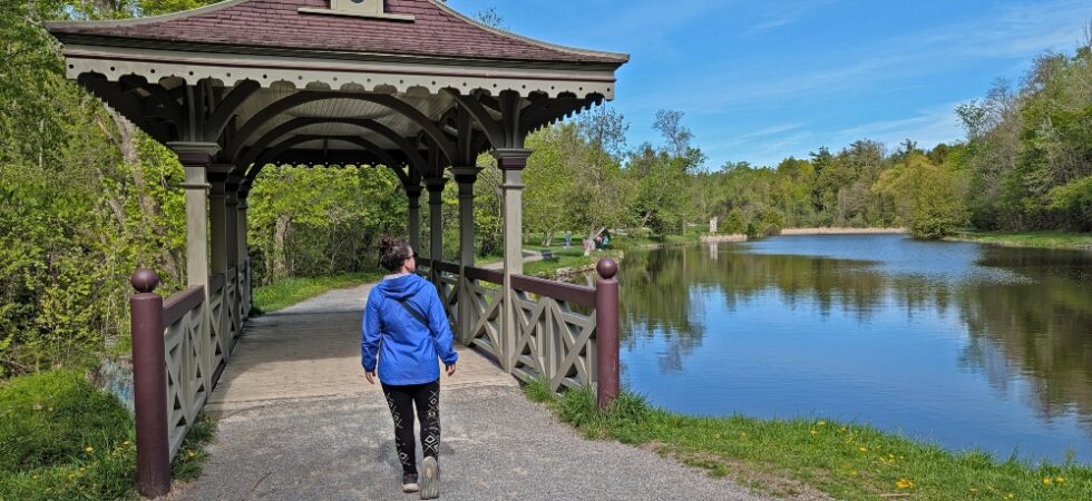 Me walking onto Pagoda Bridge in Jackson Park in Peterborough, looking out at the pond