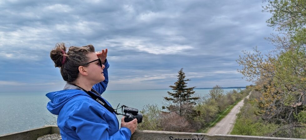 Me looking out over the Erieau Marsh Trail from the observation tower