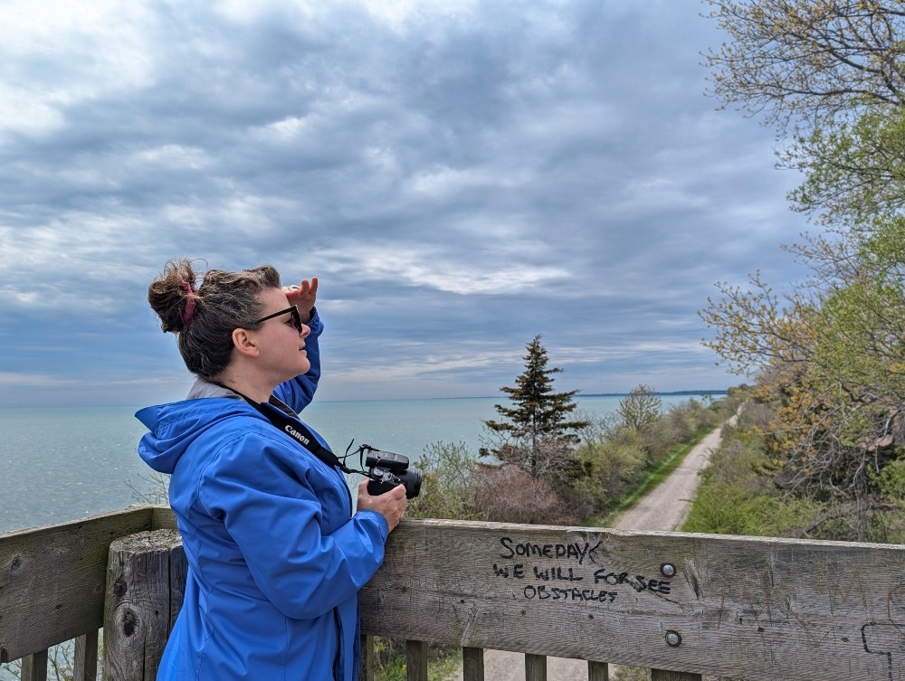Me looking out over the Erieau Marsh Trail from the observation tower