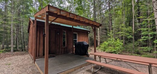 A cabin at Brennan's Hill campground that's surrounded by forest, has a picnic table and bbq as well as a covered deck