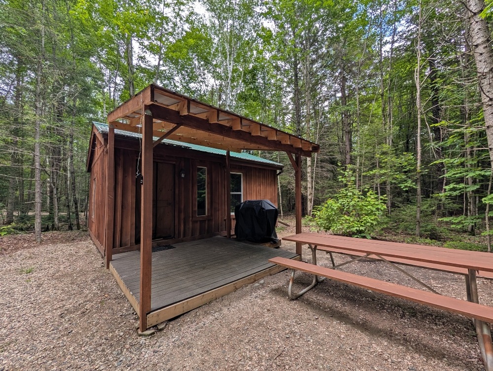 A cabin at Brennan's Hill campground that's surrounded by forest, has a picnic table and bbq as well as a covered deck