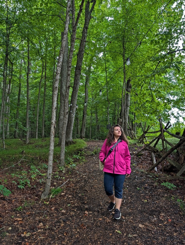 me walking on the forest trail at Maplestone Ranch & Retreat