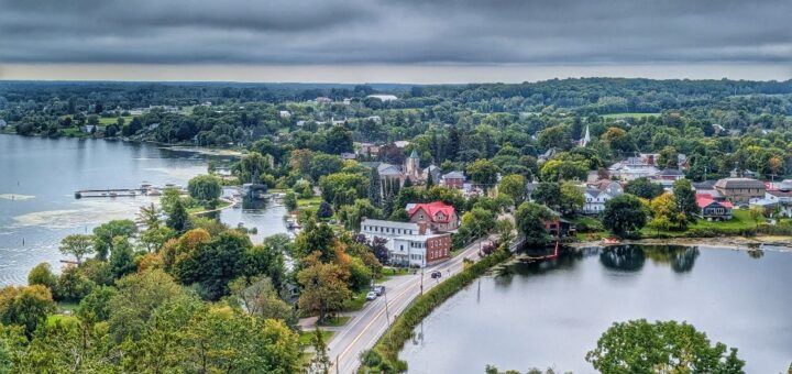 view over the village of Westport Ontario from the Spy Rock Lookout