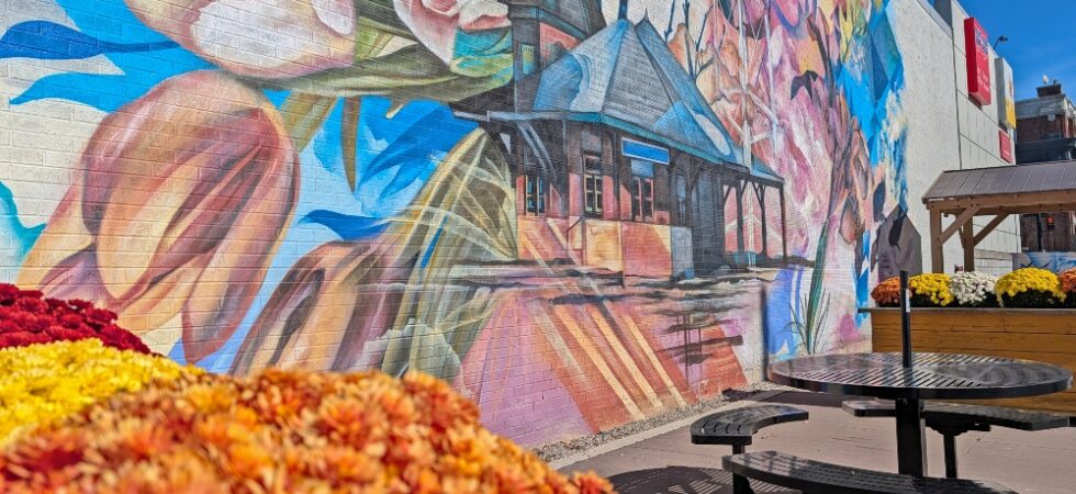mural in Smiths Falls of train station and water tower