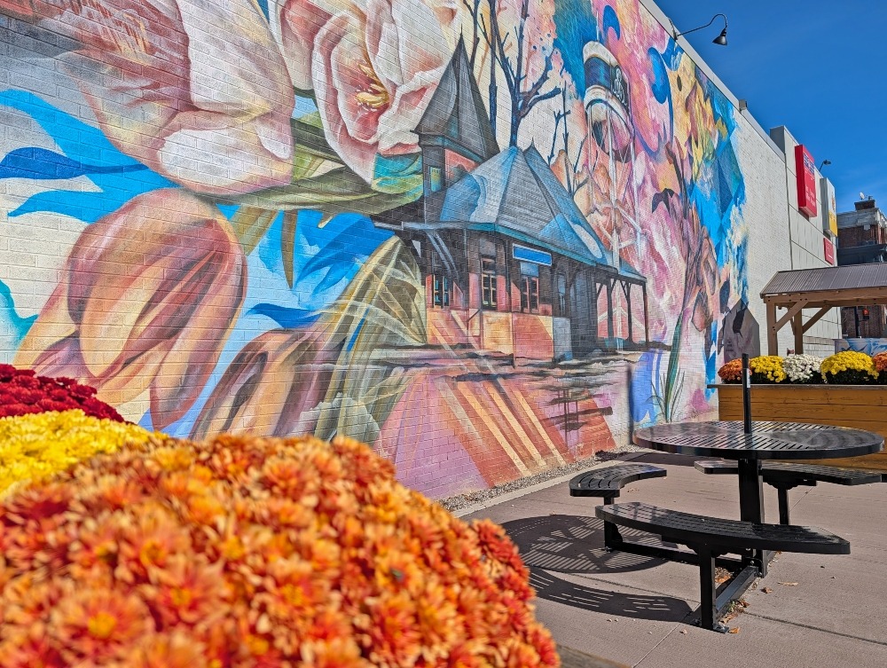 mural in Smiths Falls of train station and water tower